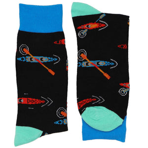 A pair of black socks with scattered kayaks
