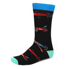 Load image into Gallery viewer, A men&#39;s black sock with kayaks