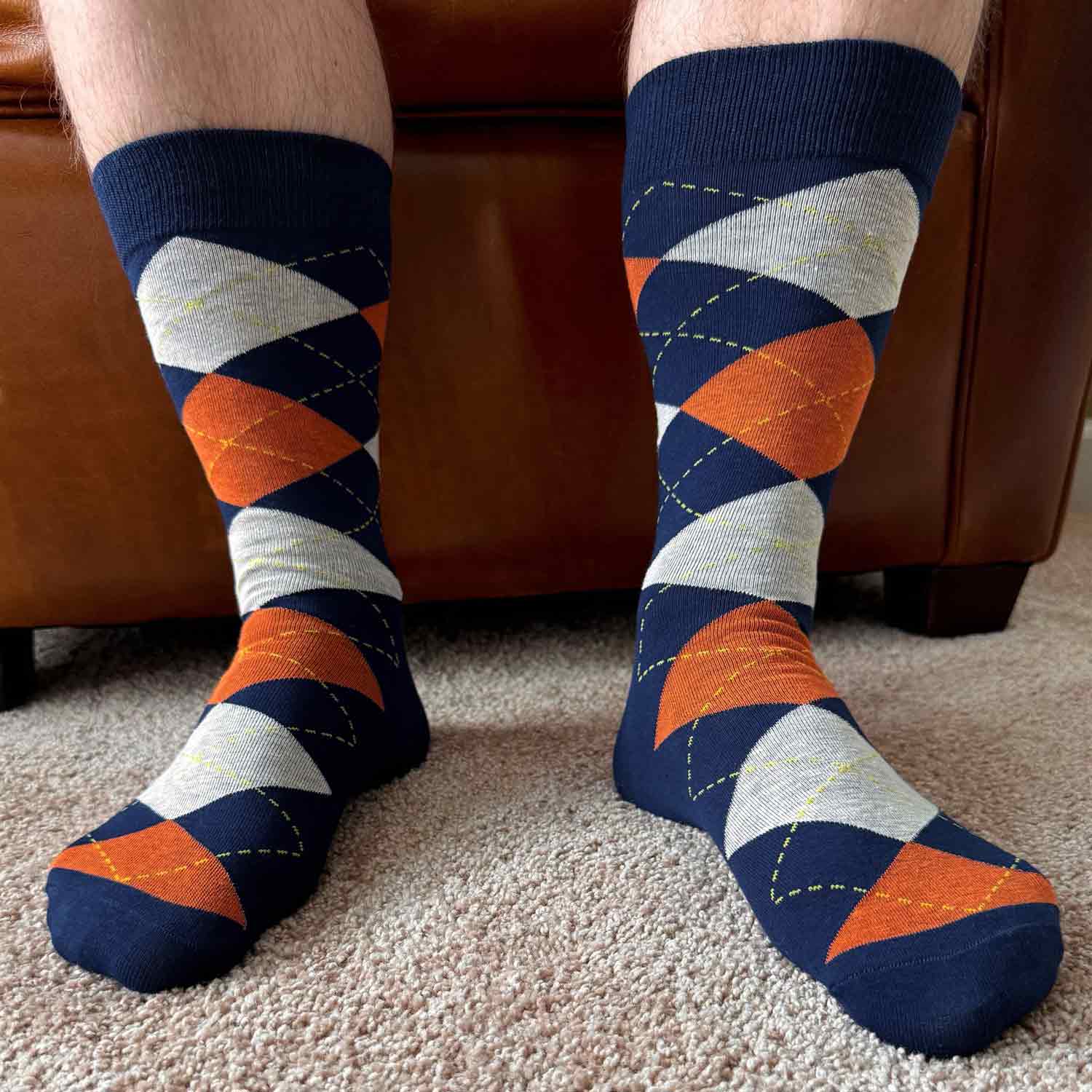 Men's Navy Blue and Orange Argyle Socks TieMart Men's Navy Blue and Orange Argyle Socks TieMart