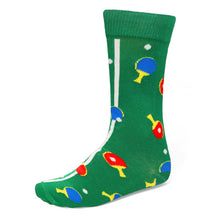 Load image into Gallery viewer, A green ping pong themed sock with paddles and ping pong balls