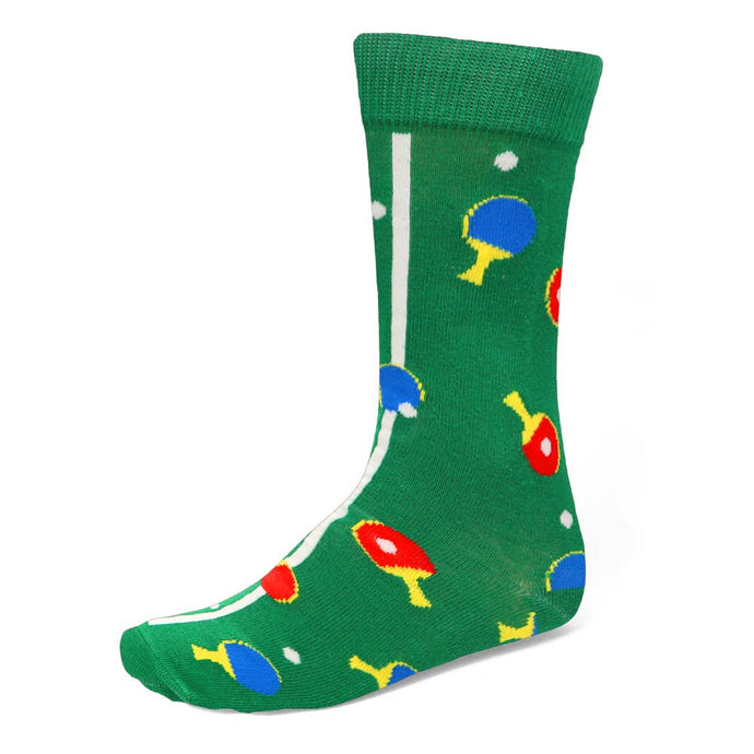 A green ping pong themed sock with paddles and ping pong balls