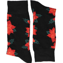 Load image into Gallery viewer, A pair of men&#39;s folded poinsettia socks in black and red