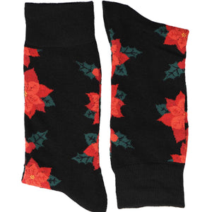 A pair of men's folded poinsettia socks in black and red