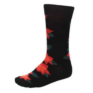 A men's red and black Christmas poinsettia sock