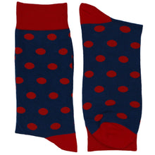 Load image into Gallery viewer, A pair of navy blue dress socks with red polka dots, featuring solid red cuffs, heels, and toes, displayed against a plain white background.