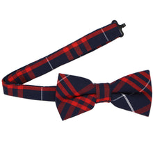 Load image into Gallery viewer, Red and blue plaid bow tie with an open band collar set on a white background