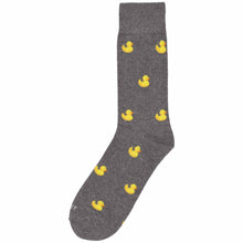Load image into Gallery viewer, Single gray men&#39;s sock with yellow rubber duck pattern on a white background