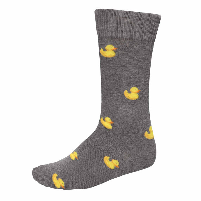 Gray men's sock with yellow rubber duck pattern on a white background