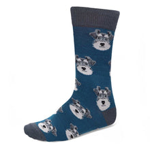 Load image into Gallery viewer, A pair of men&#39;s blue and gray socks with Schnauzer dog faces