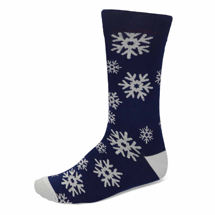 Men’s navy crew sock with gray snowflake pattern, cotton winter sock