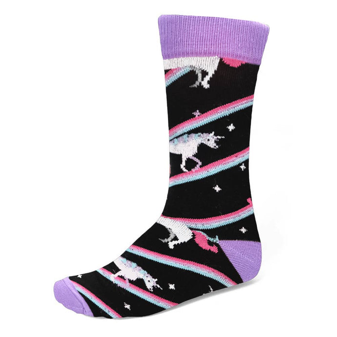 A men's unicorn sock in black, purple, pink and blue