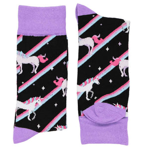A pair of men's unicorn sock in black, purple, pink and blue