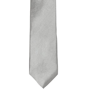 The front of a mercury silver slim tie, laid out flat