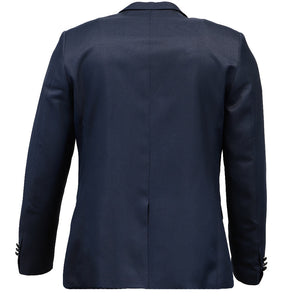 The back of a  men's midnight blue tuxedo jacket