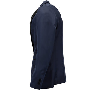 The side of a midnight blue peaked collar dinner jacket