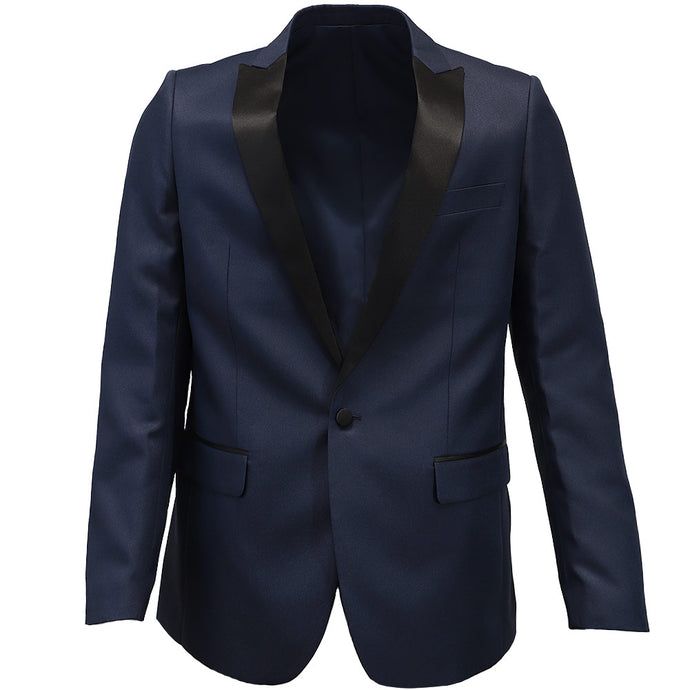 A dinner jacket in midnight blue with a black peaked lapel collar