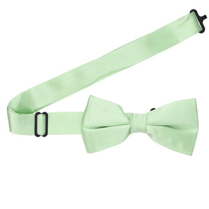 A pre-tied mint green bow tie with the band collar open