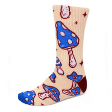 Load image into Gallery viewer, Men&#39;s beige socks with blue and burgundy large mushrooms