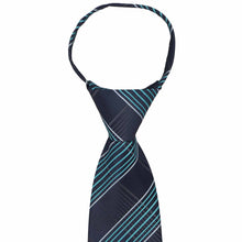 Load image into Gallery viewer, The knot and collar on a navy blue and turquoise plaid zipper tie