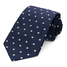 Load image into Gallery viewer, Navy blue and blush pink polka dot necktie