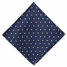 Load image into Gallery viewer, A navy blue and blush polka dot pocket square