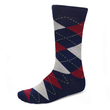 Load image into Gallery viewer, A navy blue and burgundy argyle sock on a white background