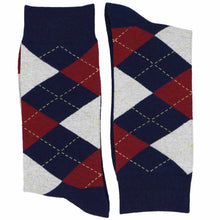Load image into Gallery viewer, A folded pair of navy blue and burgundy argyle socks