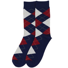 Load image into Gallery viewer, A folded pair of navy blue and burgundy argyle socks on a white background