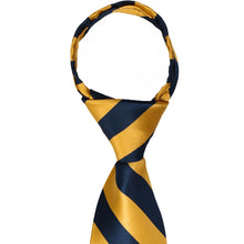 Load image into Gallery viewer, A closeup of the knot on a navy blue and gold bar striped zipper tie