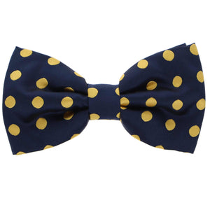 Playful navy blue and gold polka dot pre-tied bow tie