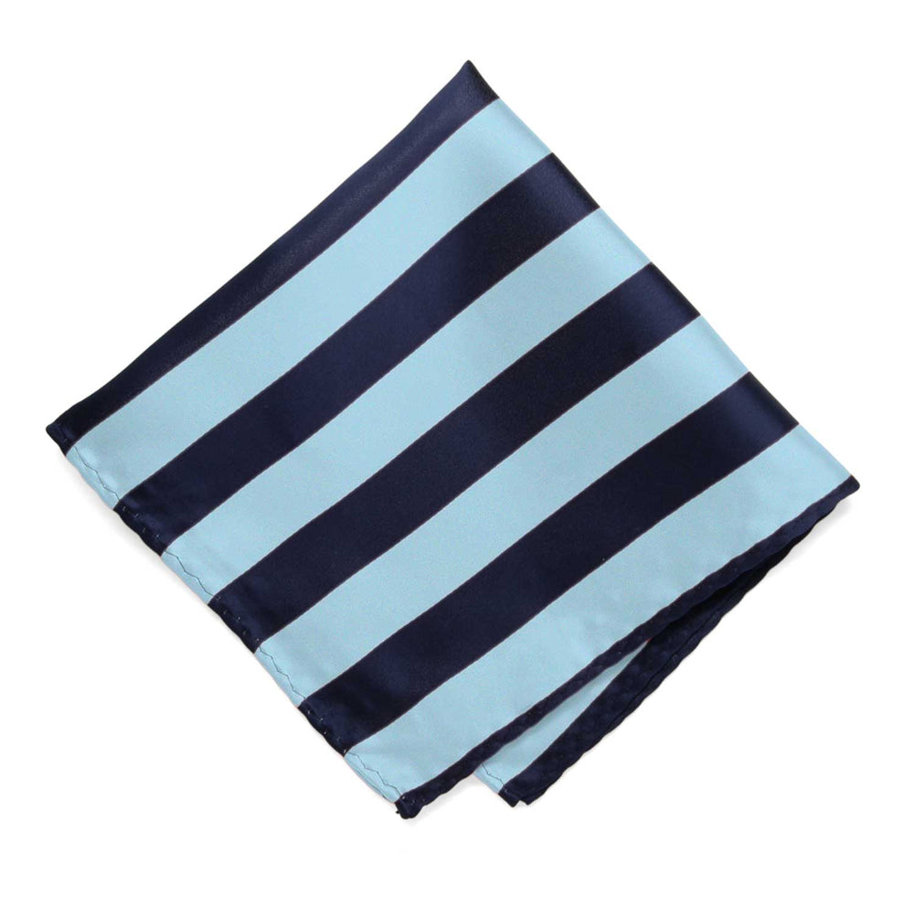 A navy blue and light blue striped pocket square