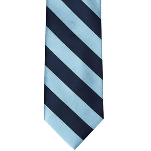 The front of a navy blue and light blue classic striped tie