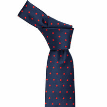 Load image into Gallery viewer, Navy blue and red polka dot necktie with a knot