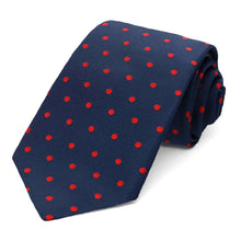 Load image into Gallery viewer, Navy blue and red polka dot necktie
