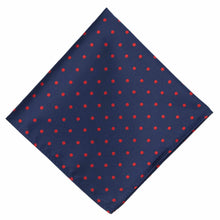 Load image into Gallery viewer, A navy blue and red polka dot pocket square