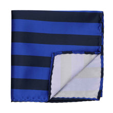 Load image into Gallery viewer, Navy blue and royal blue striped pocket square with the corner flipped up to show inside