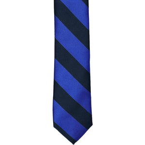 The front of a skinny navy blue and royal blue striped tie