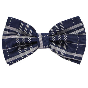 A navy blue tie with a silver plaid pattern