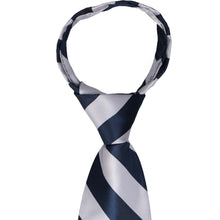 Load image into Gallery viewer, A closeup of the knot on a navy blue and silver striped zipper tie