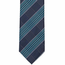 Load image into Gallery viewer, The front of a navy blue and turquoise plaid tie, laid out flat