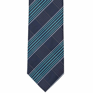 The front of a navy blue and turquoise plaid tie, laid out flat