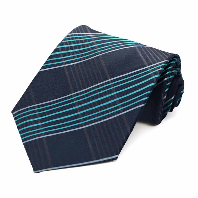 A navy blue and turquoise extra long tie
