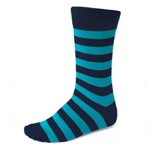 Load image into Gallery viewer, A men&#39;s turquoise and navy blue striped sock
