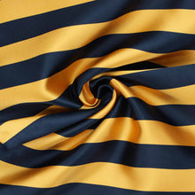 Load image into Gallery viewer, Navy and gold bar striped scarf fabric, closeup