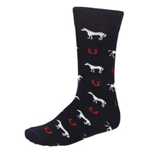 Load image into Gallery viewer, A dark navy sock with a horse and horseshoe design
