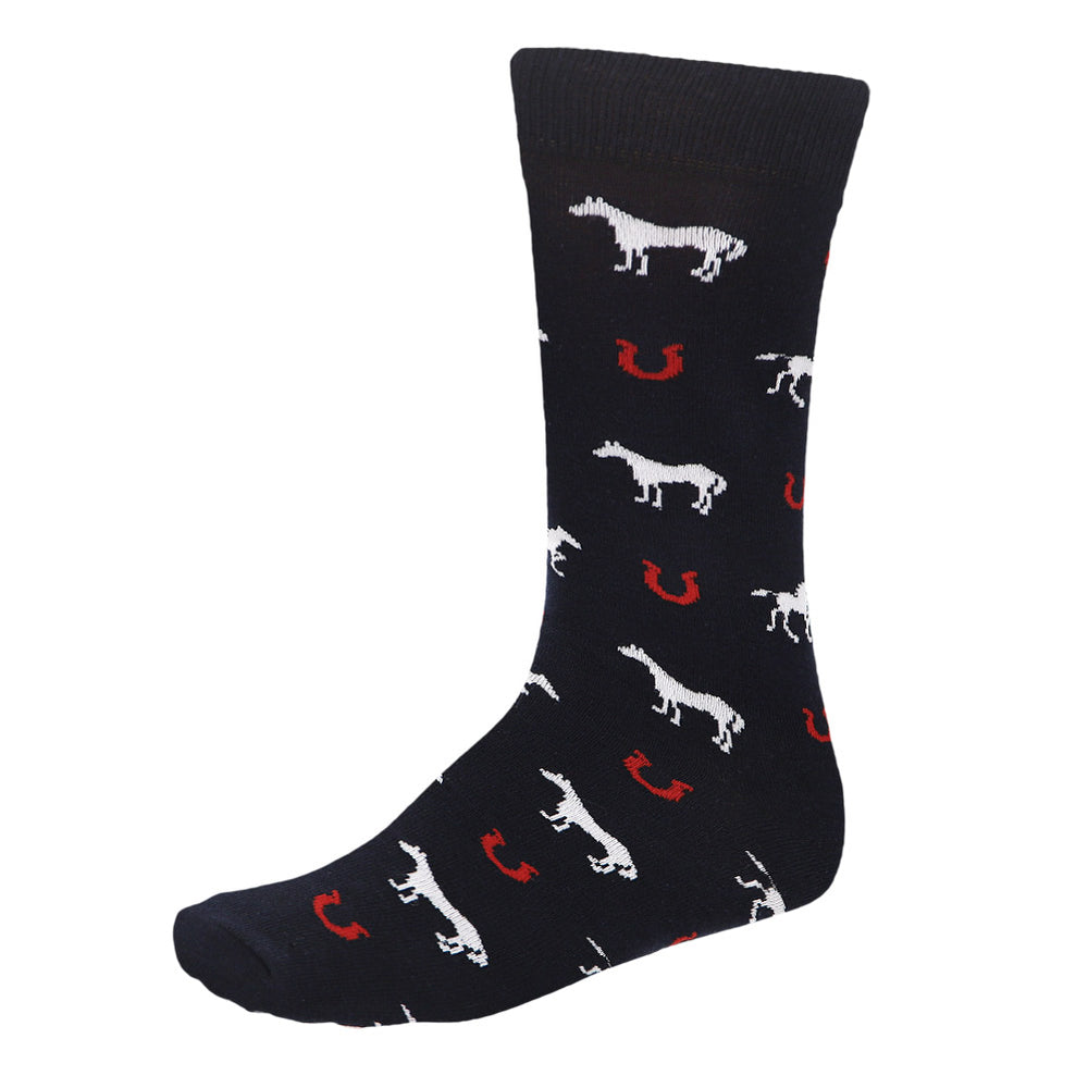 A dark navy sock with a horse and horseshoe design