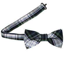 Load image into Gallery viewer, Navy blue, hunter green and white plaid bow tie with an open band collar