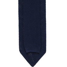 Load image into Gallery viewer, Back of a navy blue knit tie showing the tie tail