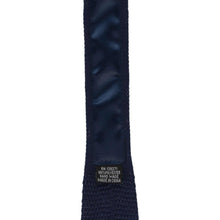 Load image into Gallery viewer, Satin collar on a navy blue tie with a label on a white background