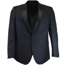 Load image into Gallery viewer, The front of a navy blue dinner jacket with peaked lapels